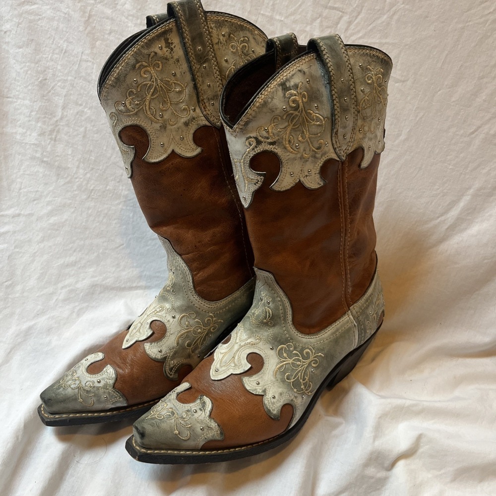 Rockin Country Womens Cowboy Leather Boots 10M Blue Brown Cowgirl Rodeo Concert